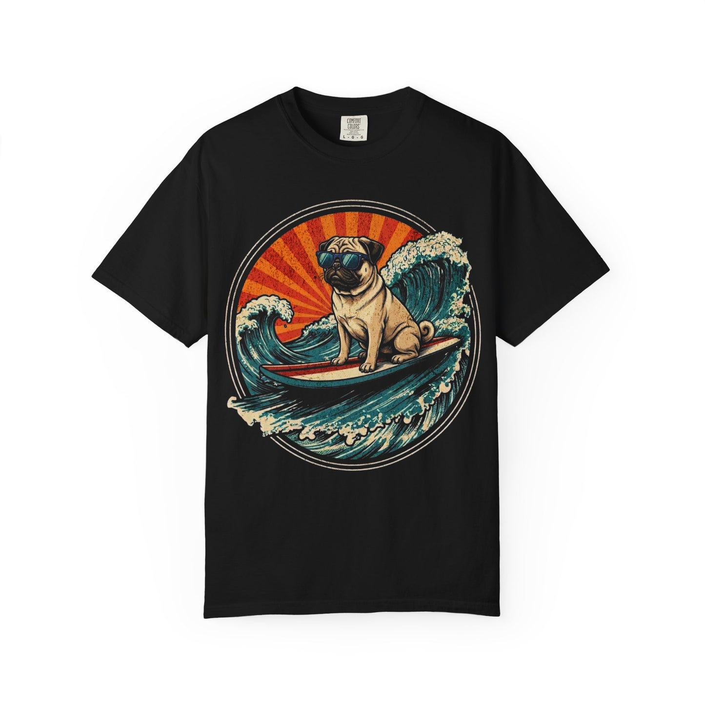 Surf's Up, Pug T-Shirt in Black from When Dogs Fly