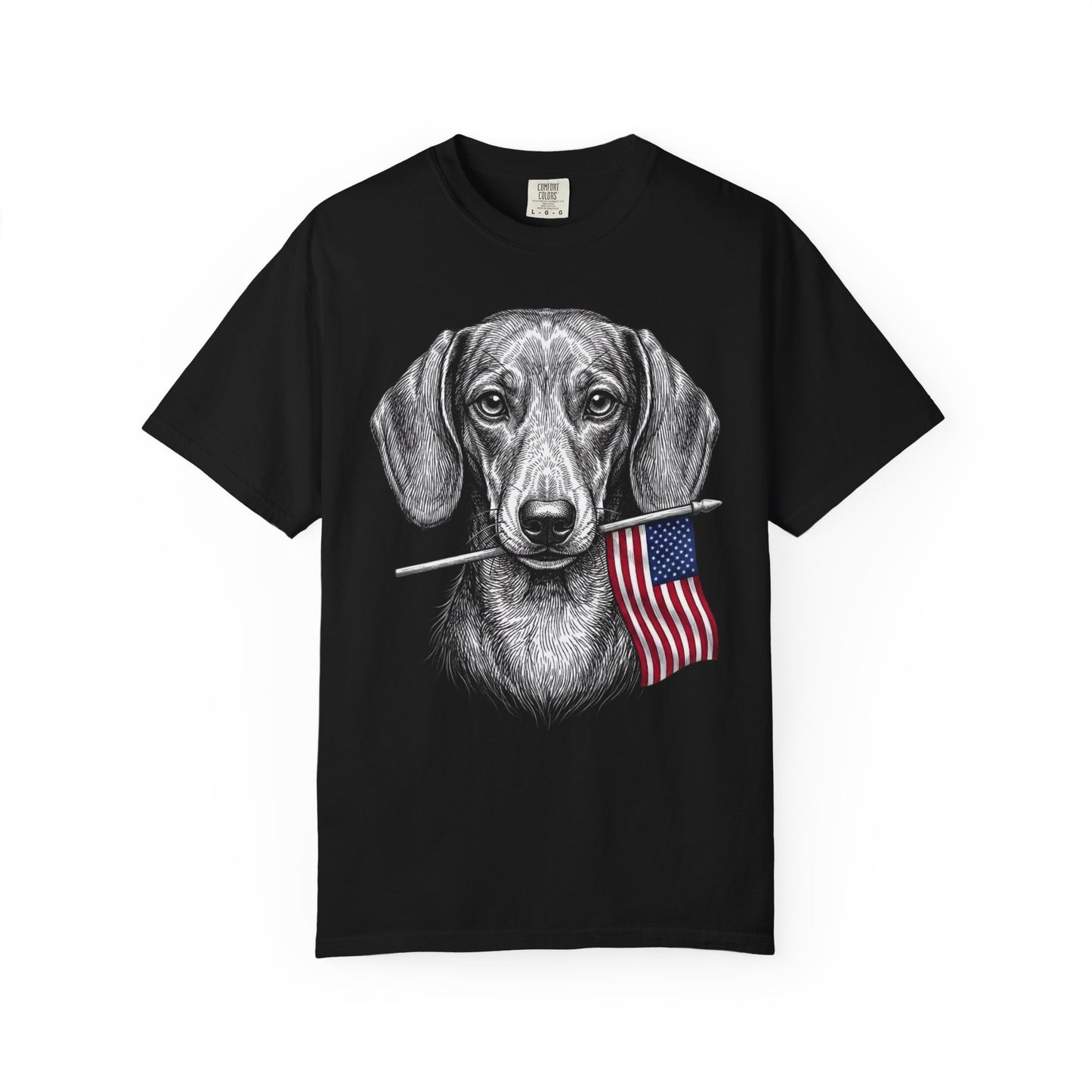 Red, White & Dachshund American Flag T-Shirt in Black from When Dogs Fly
