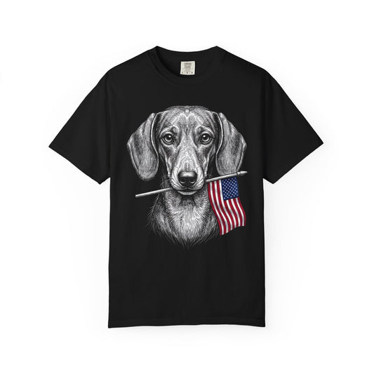 Red, White & Dachshund American Flag T-Shirt in Black from When Dogs Fly