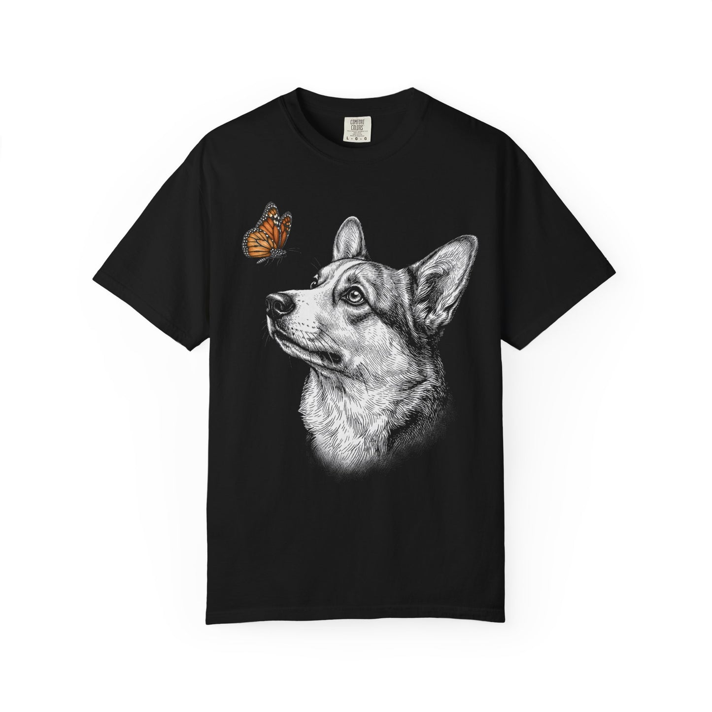 Hello Butterfly Corgi T-Shirt in Black from When Dogs Fly