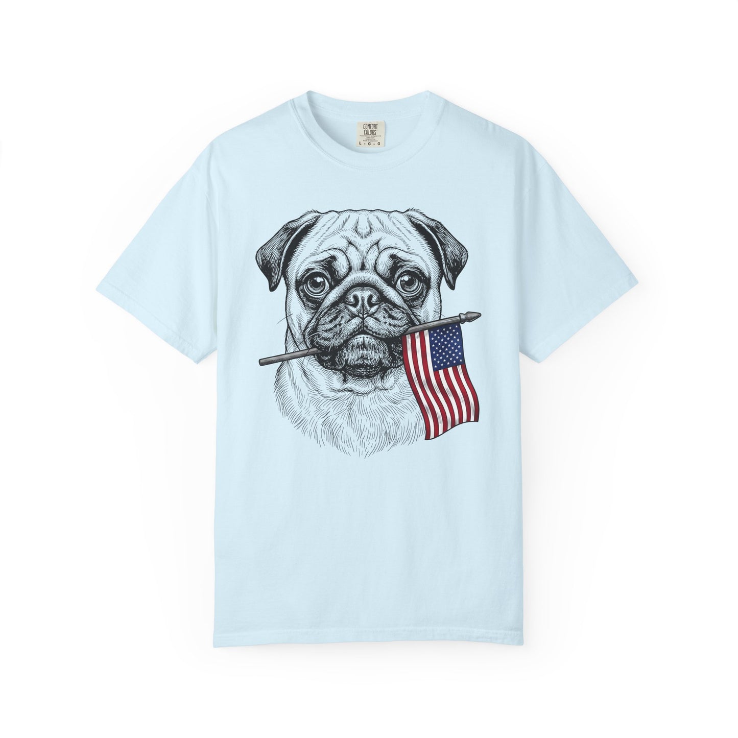 Red, White & Pug American Flag T-Shirt in Chambray from When Dogs Fly