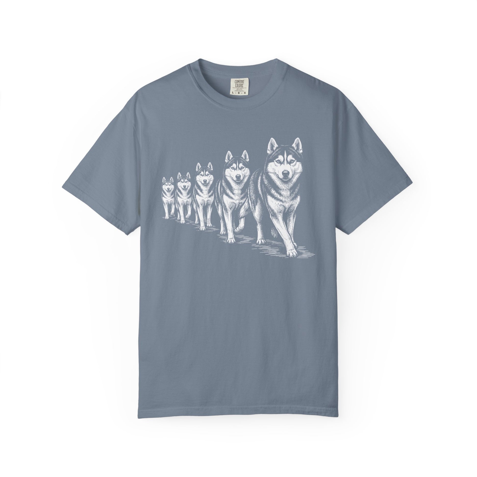 Marching Siberian Huskies T-Shirt in Blue Jean from When Dogs Fly