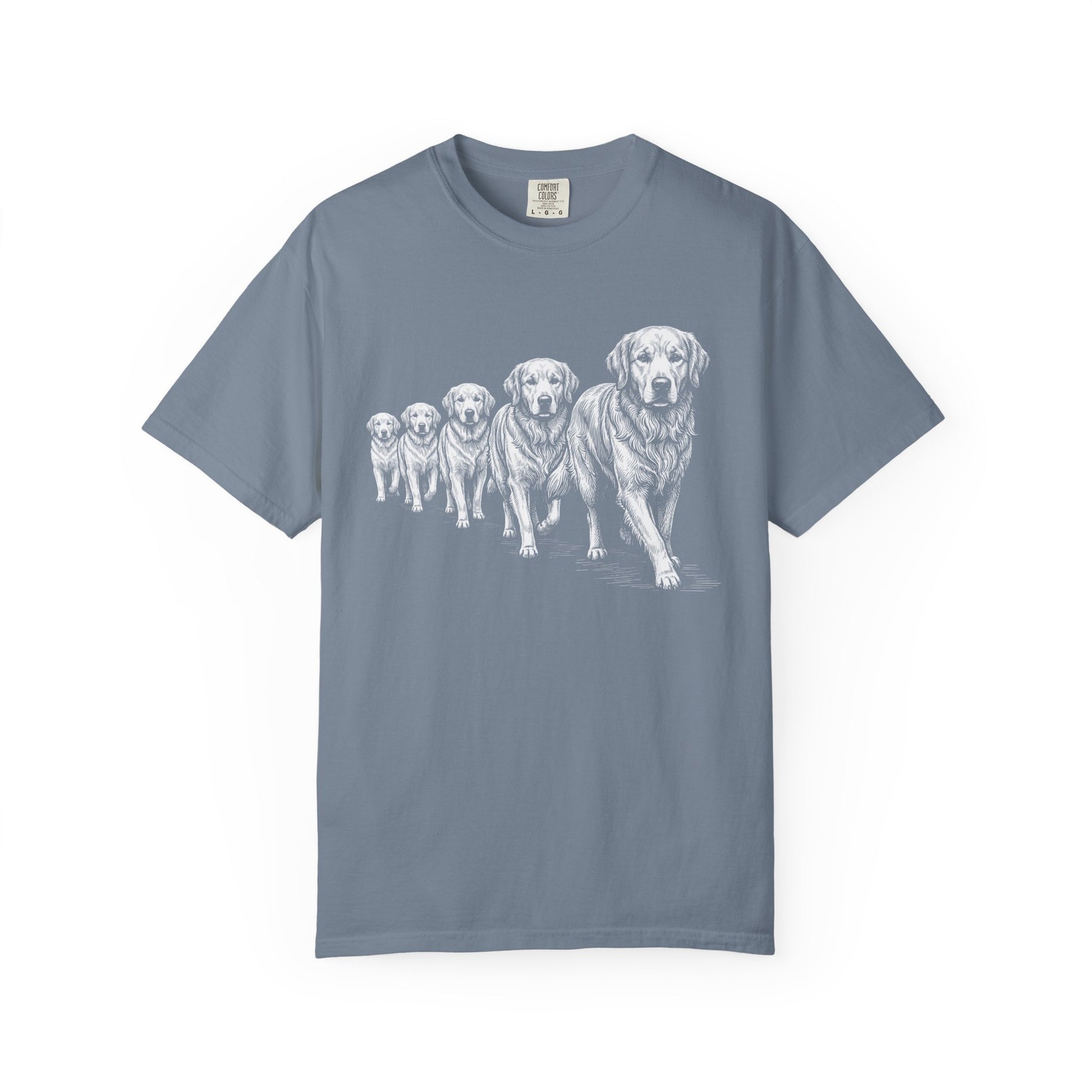 Marching Golden Retrievers T-Shirt in Blue Jean from When Dogs Fly