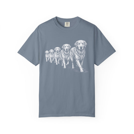 Marching Golden Retrievers T-Shirt in Blue Jean from When Dogs Fly