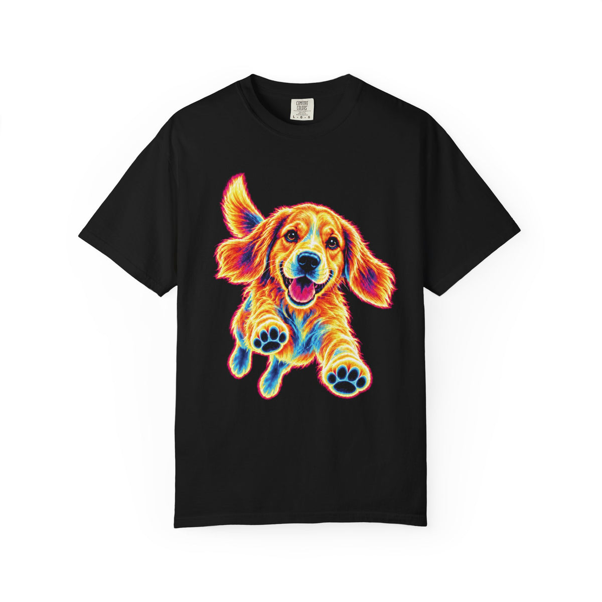 Neon Zoomies Golden Retriever T-Shirt in Black from When Dogs Fly