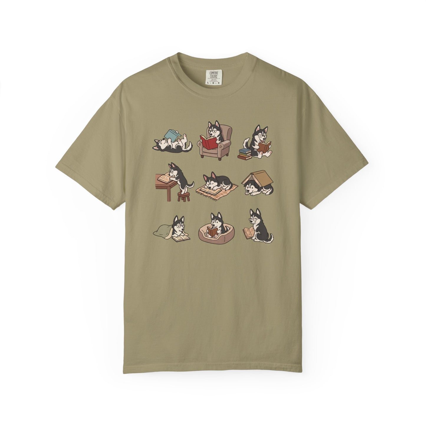 Siberian Husky Book Club T-Shirt in Khaki from When Dogs Fly