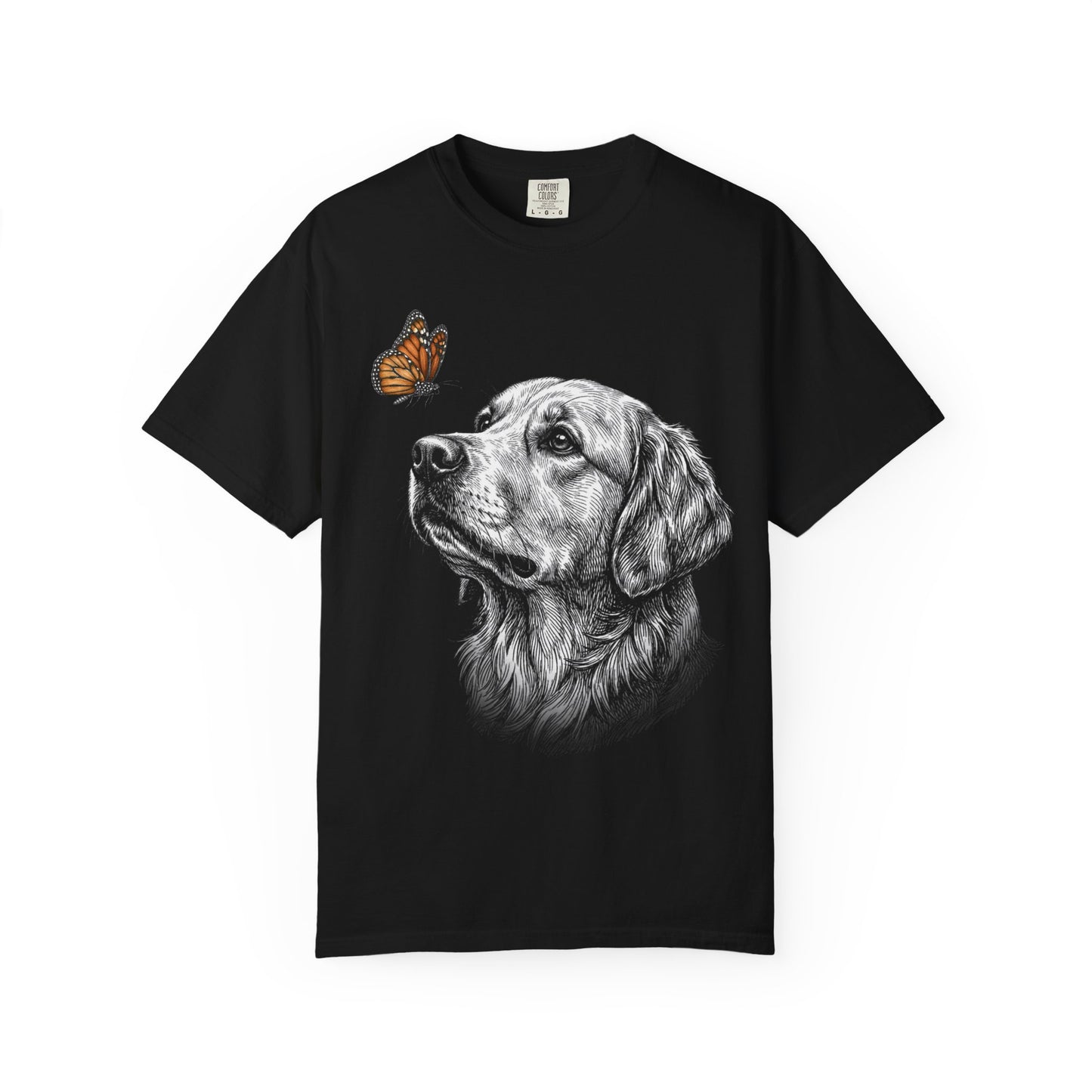 Hello Butterfly Golden Retriever T-Shirt in Black from When Dogs Fly