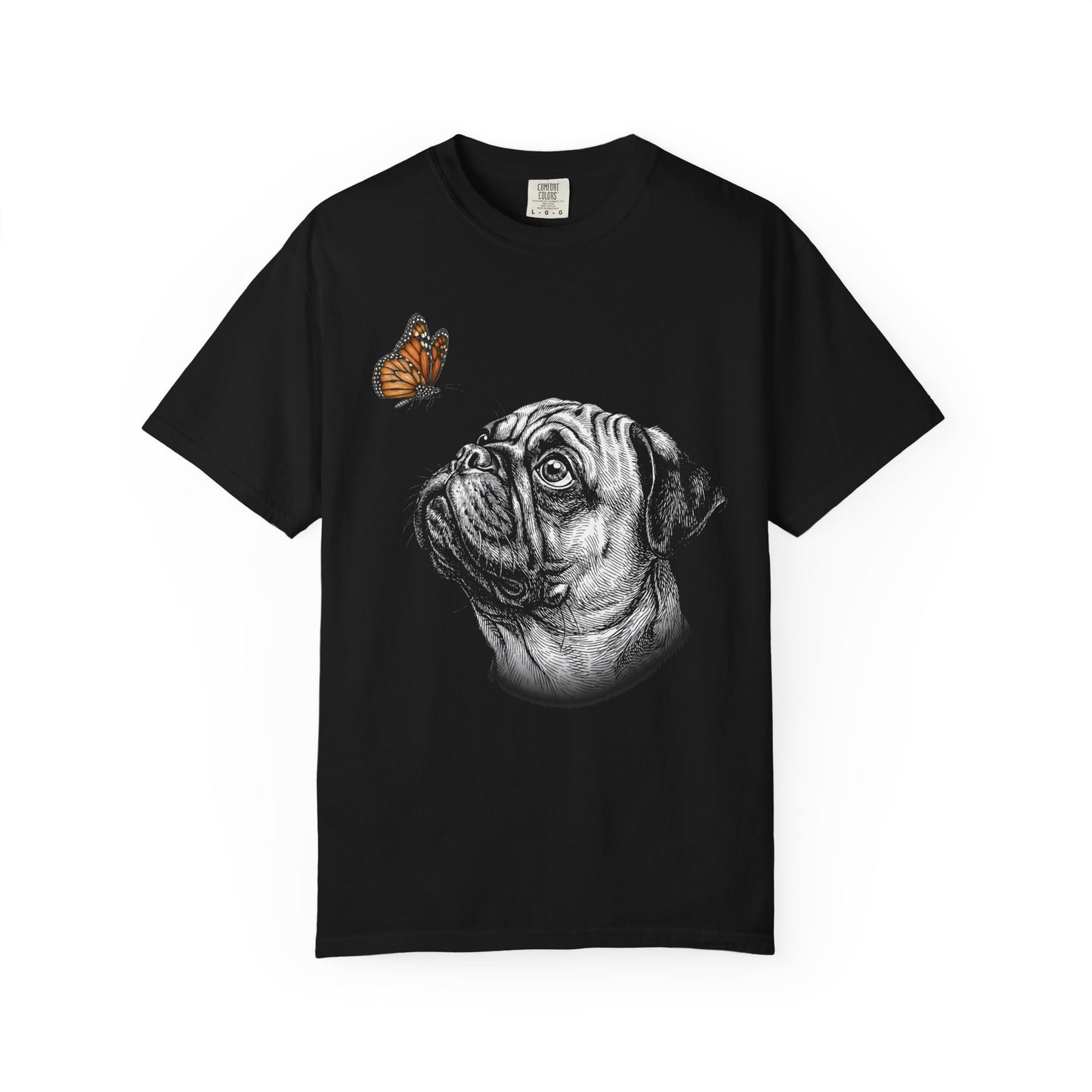 Hello Butterfly Pug T-Shirt in Black from When Dogs Fly