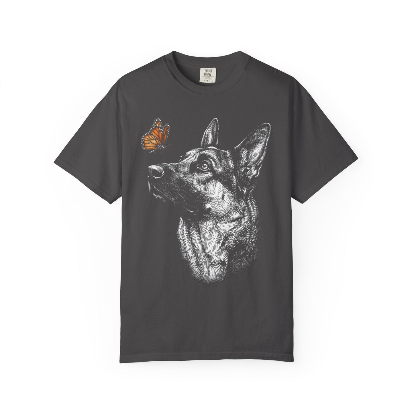 Hello Butterfly German Shepherd T-Shirt in Graphite from When Dogs Fly