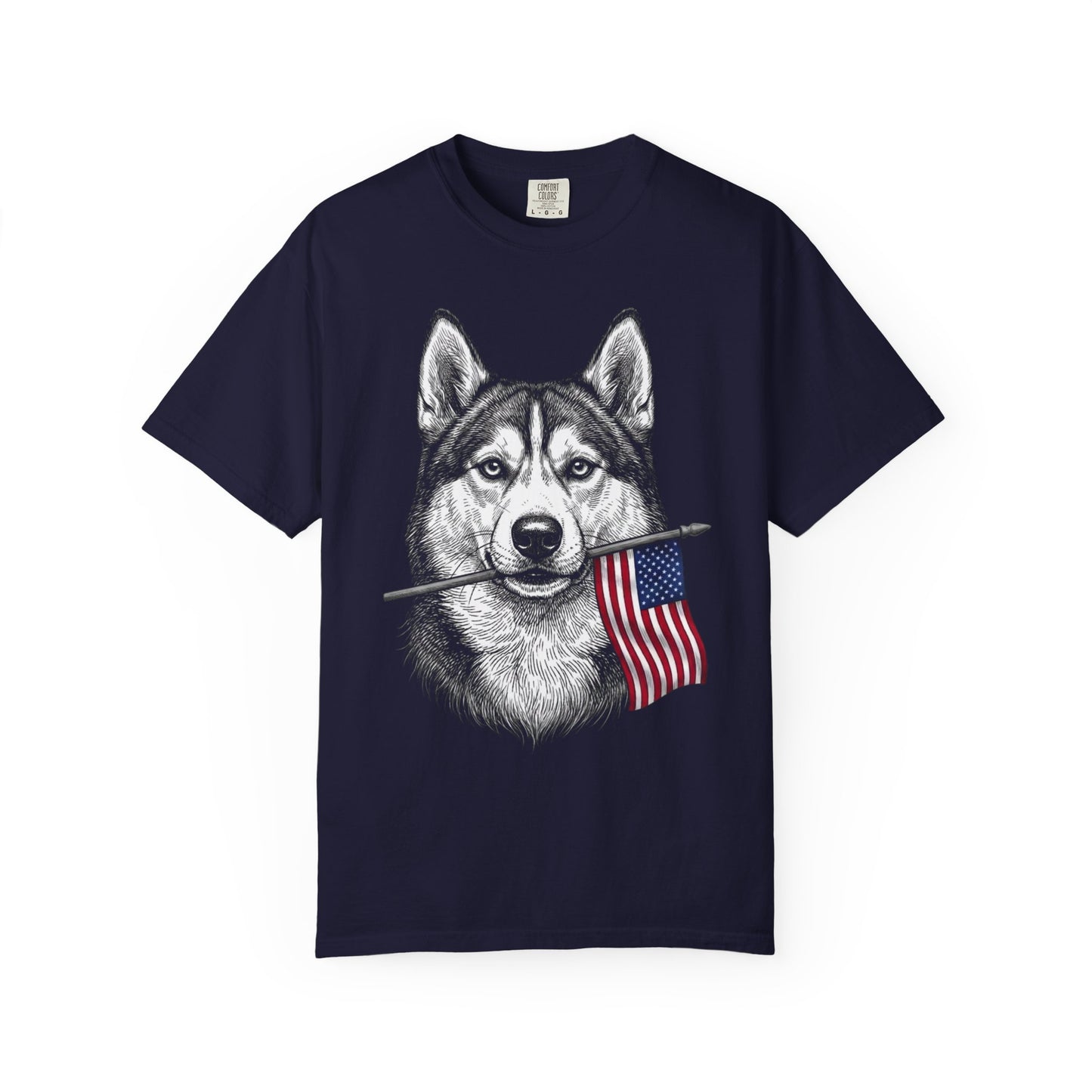 Red, White & Siberian Husky American Flag T-Shirt in True Navy from When Dogs Fly