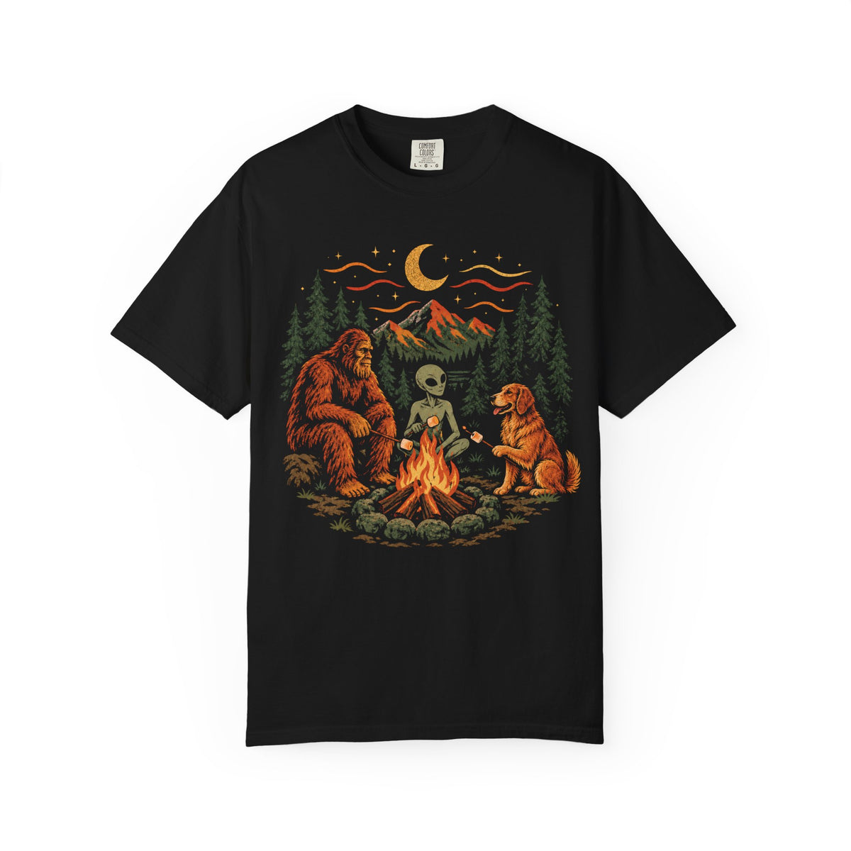 Campfire Believers Golden Retriever T-Shirt in Black from When Dogs Fly