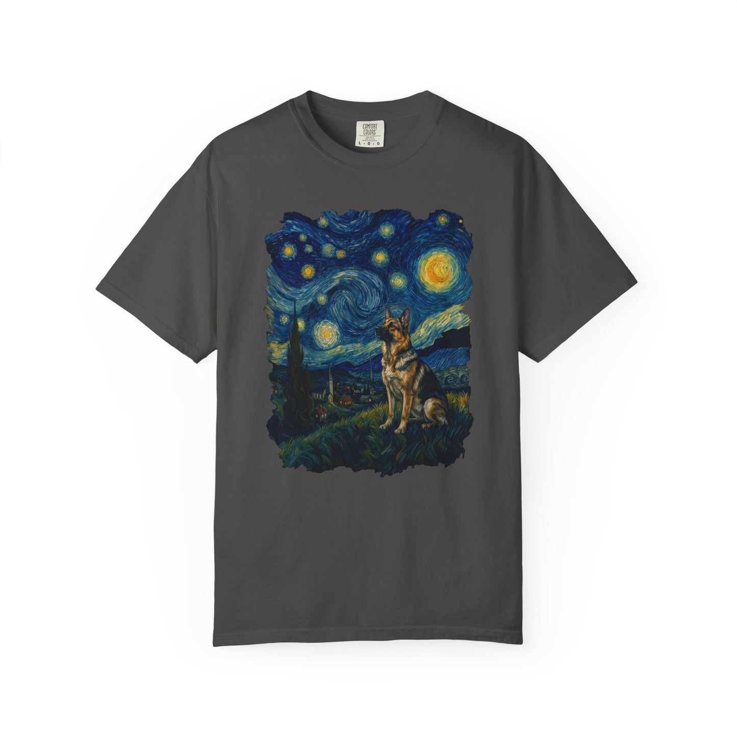 Starry Night German Shepherd T-Shirt in Graphite from When Dogs Fly