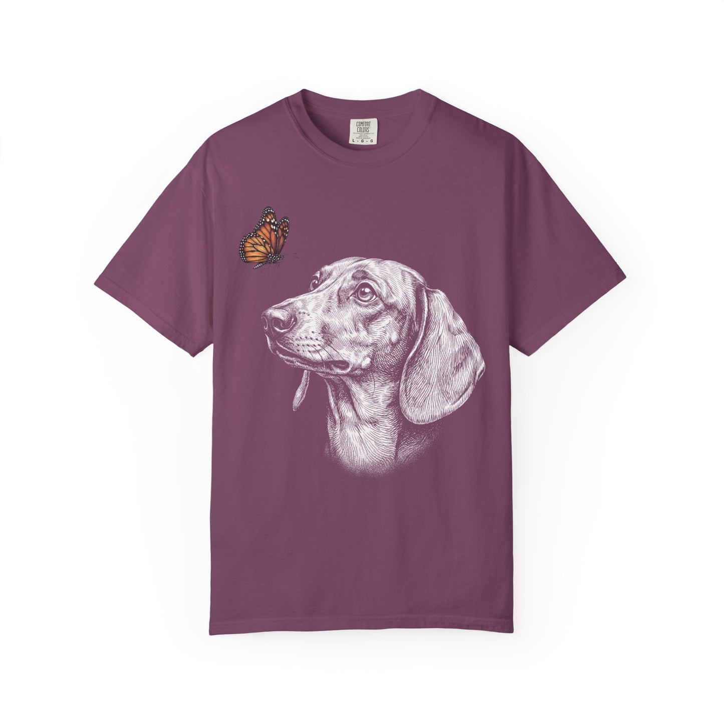Hello Butterfly Dachshund T-Shirt in Berry from When Dogs Fly