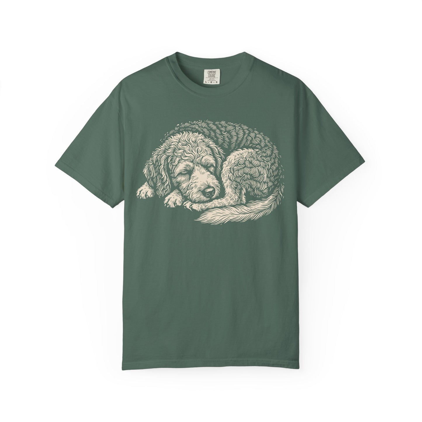 Cozy Nap Time Labradoodle T-Shirt in Blue Spruce from When Dogs Fly