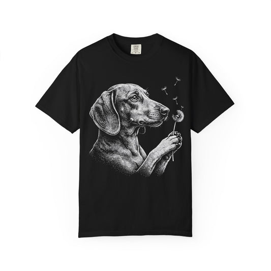 Dachshund Dandelion Seeds T-Shirt in Black from When Dogs Fly