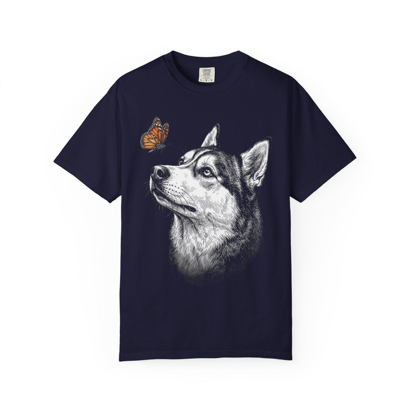 Hello Butterfly Siberian Husky T-Shirt in True Navy from When Dogs Fly