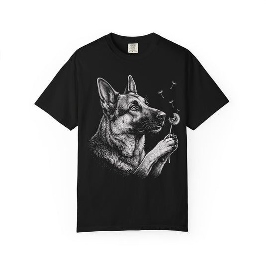German Shepherd Dandelion Seeds T-Shirt in Black from When Dogs Fly