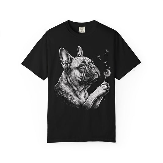 French Bulldog Dandelion Seeds T-Shirt in Black from When Dogs Fly