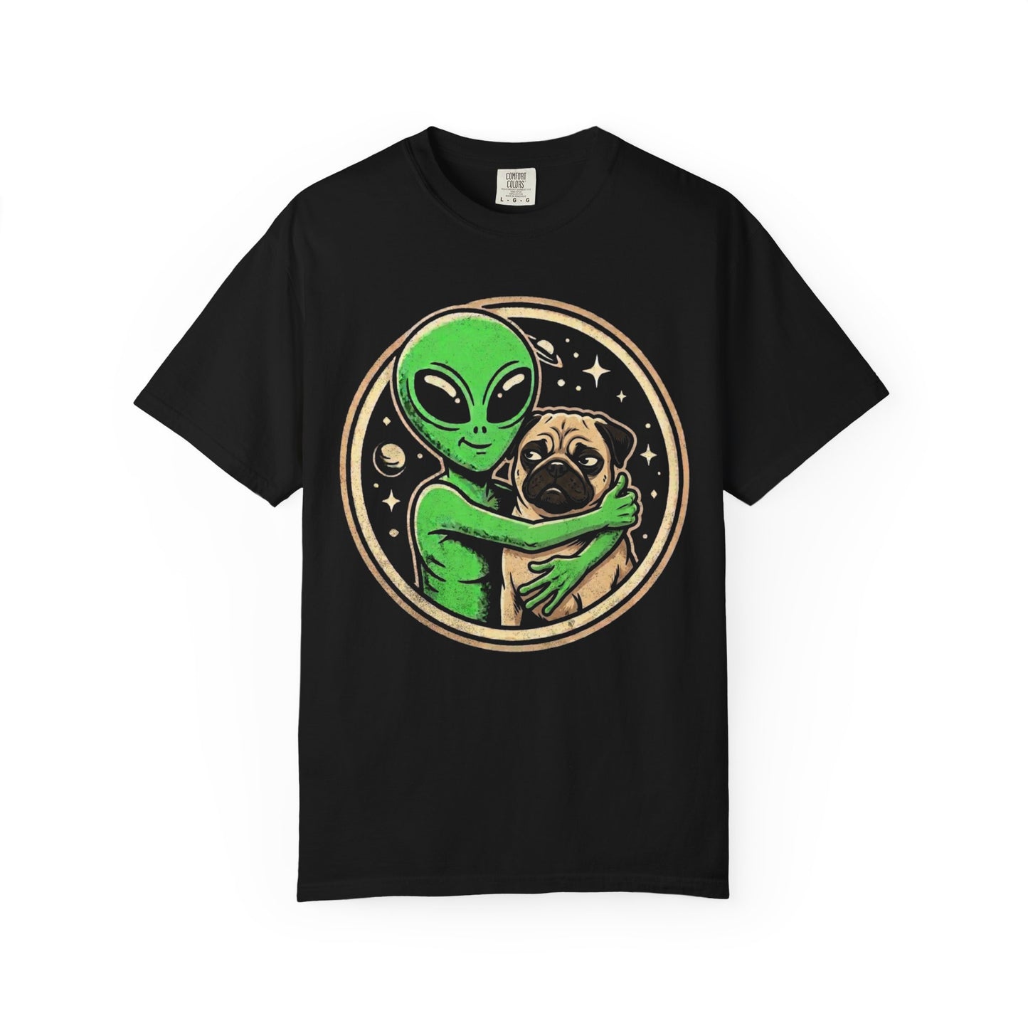 Every Alien Needs a Pug T-Shirt in Black from When Dogs Fly