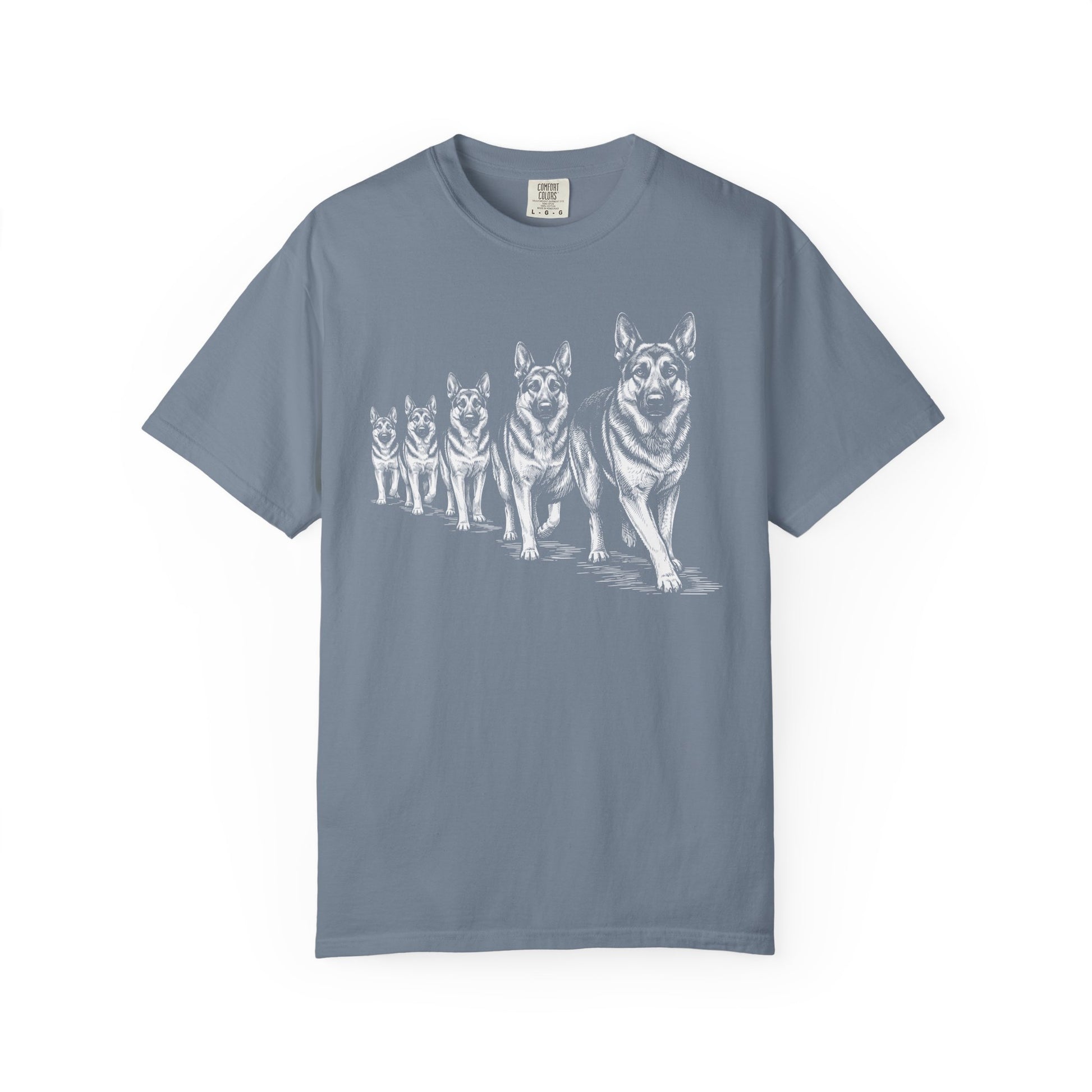 Marching German Shepherds T-Shirt in Blue Jean from When Dogs Fly