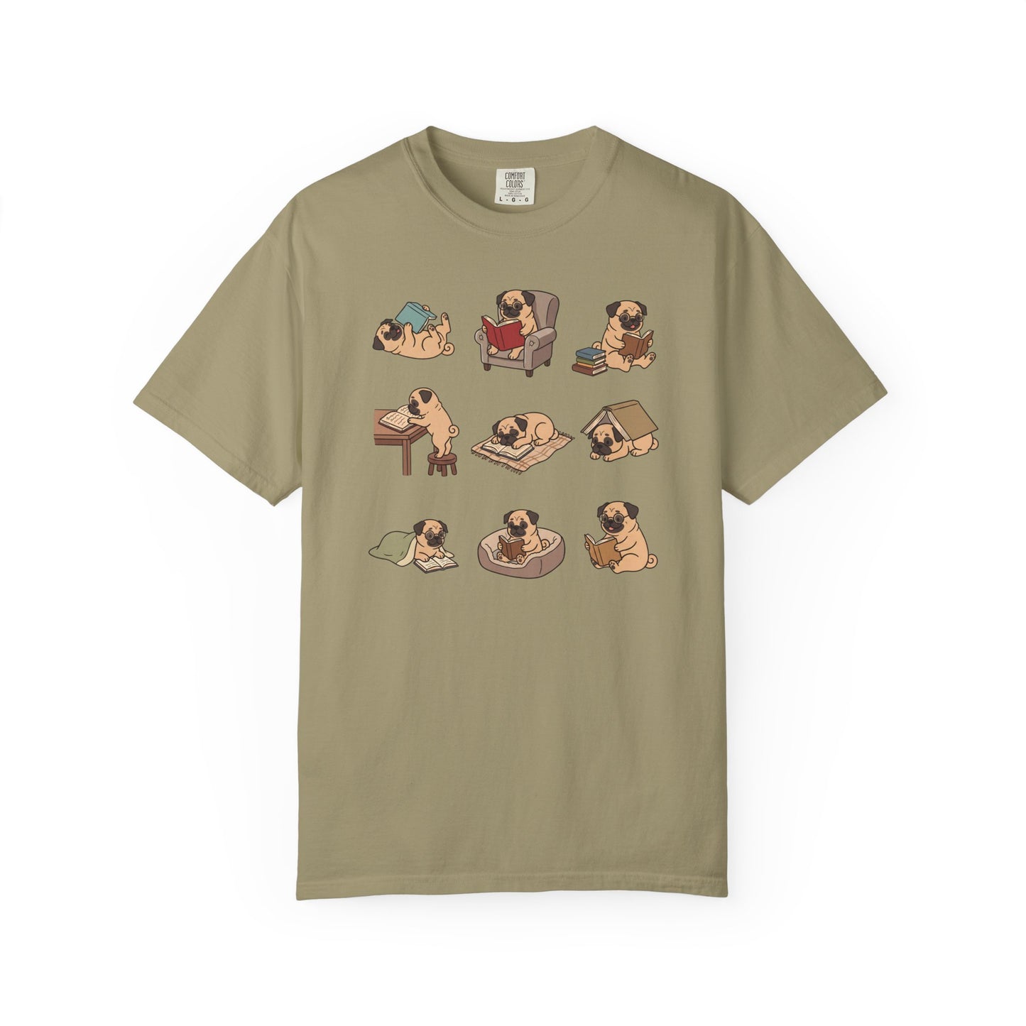 Pug Book Club T-Shirt in Khaki from When Dogs Fly