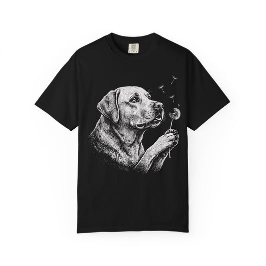 Labrador Retriever Dandelion Seeds T-Shirt in Black from When Dogs Fly