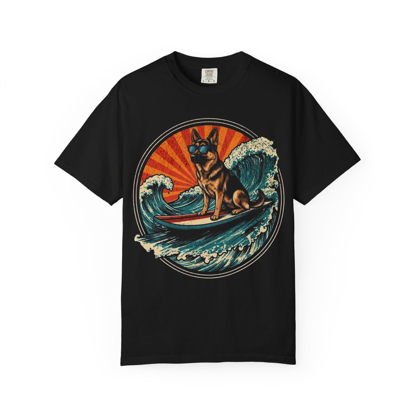 Surf's Up, German Shepherd T-Shirt in Black from When Dogs Fly