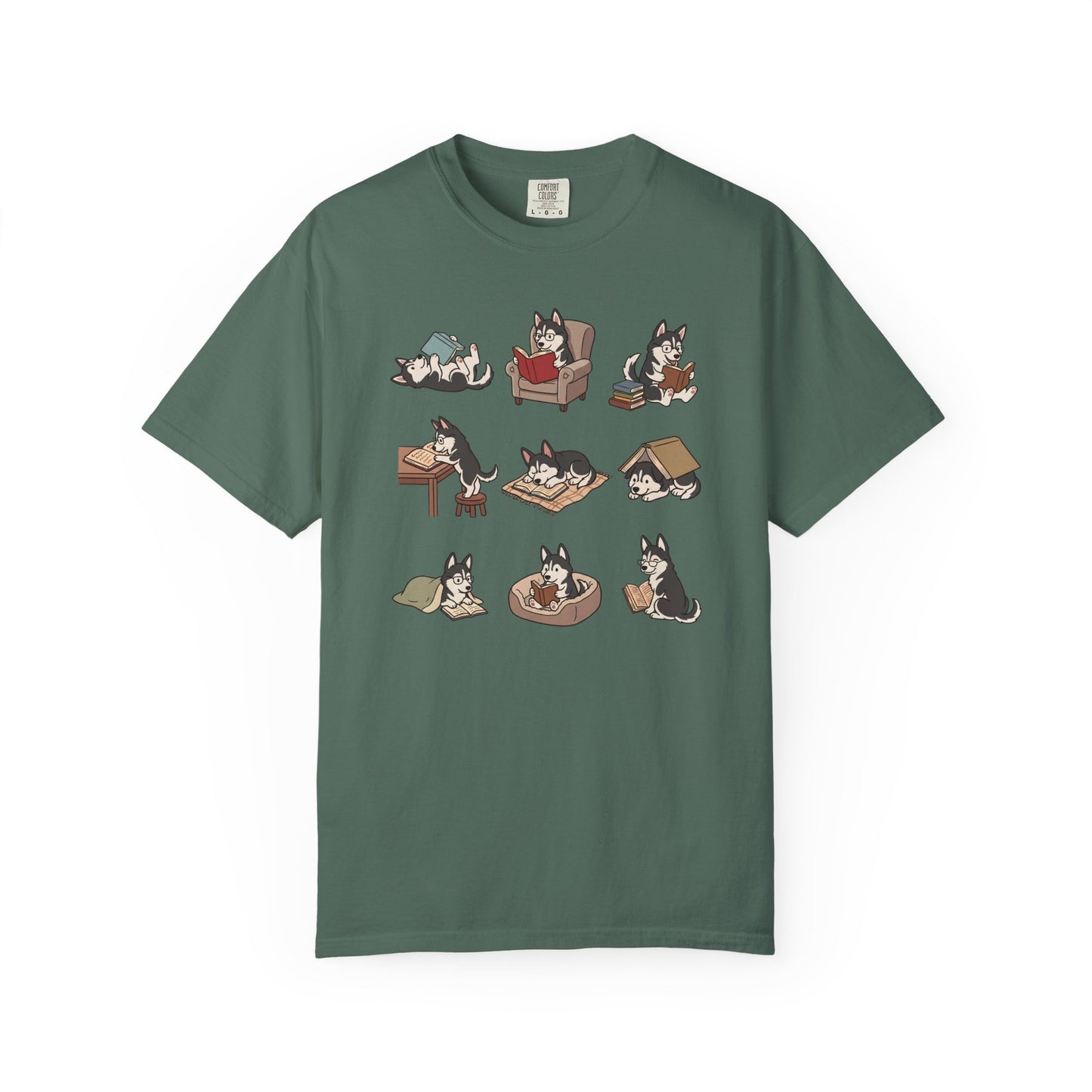 Siberian Husky Book Club T-Shirt in Blue Spruce from When Dogs Fly
