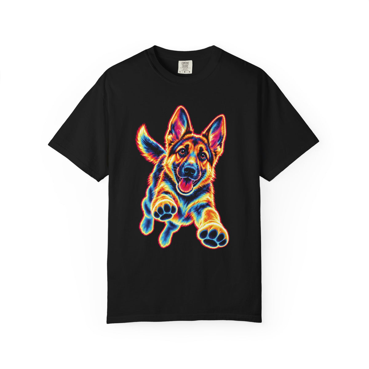 Neon Zoomies German Shepherd T-Shirt in Black from When Dogs Fly