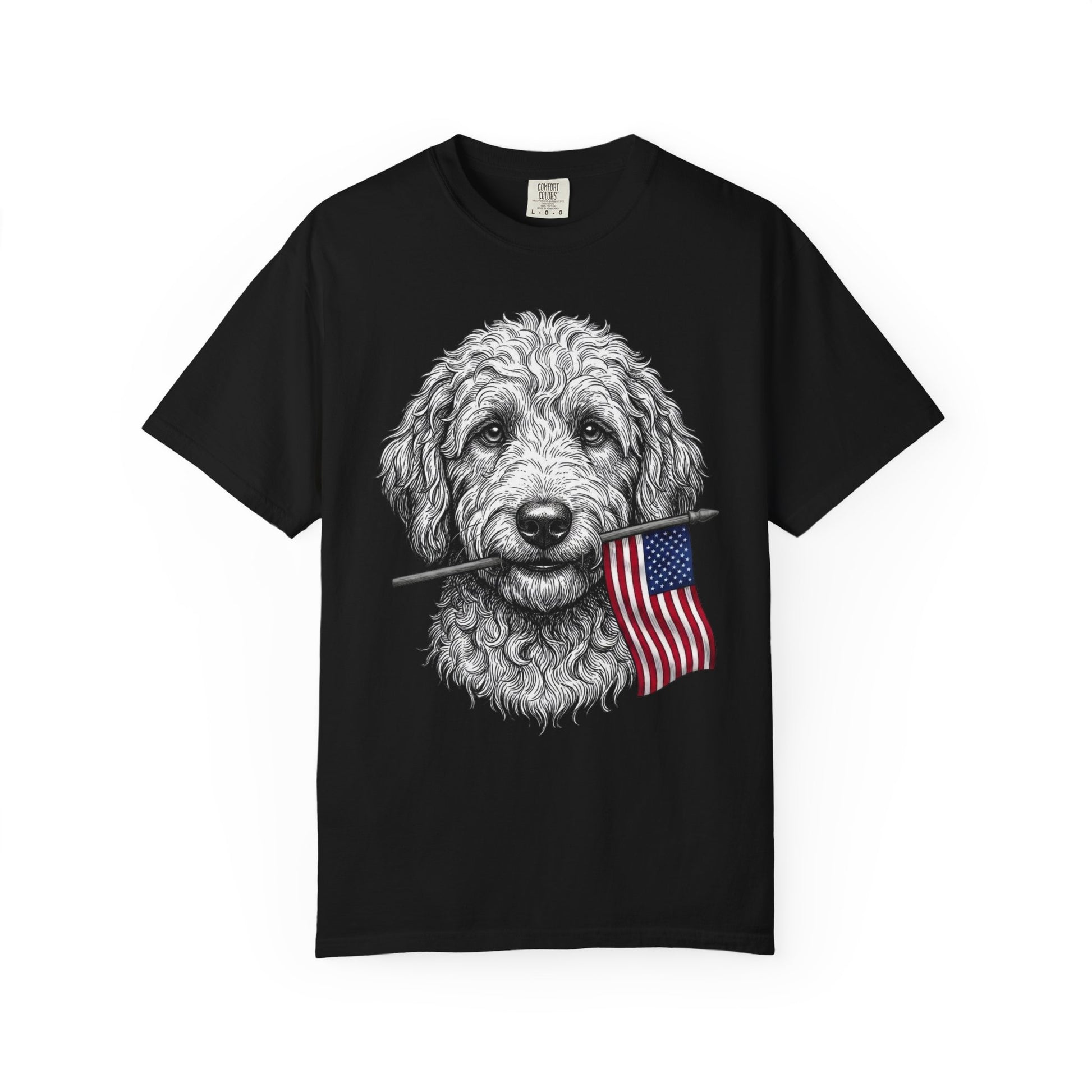 Red, White & Labradoodle American Flag T-Shirt in Black from When Dogs Fly