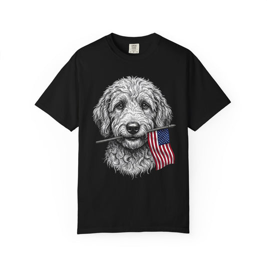 Red, White & Labradoodle American Flag T-Shirt in Black from When Dogs Fly