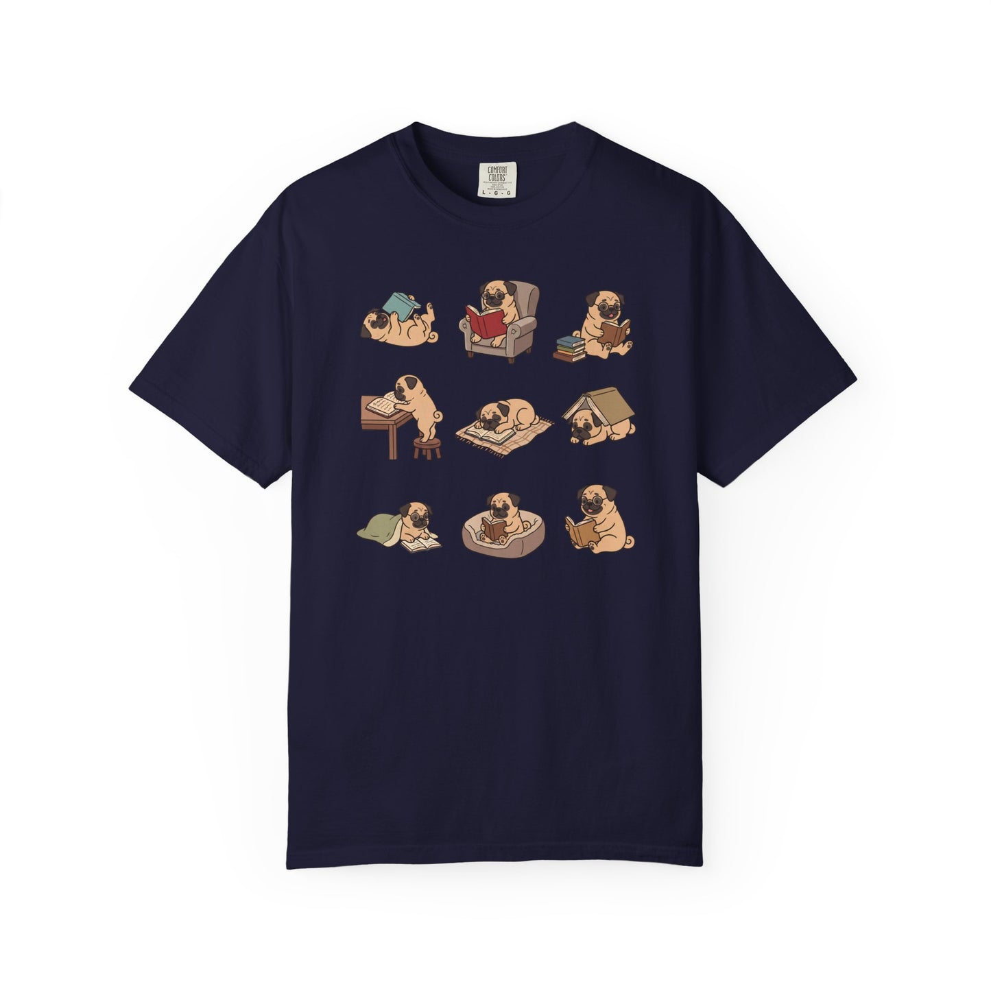 Pug Book Club T-Shirt in True Navy from When Dogs Fly