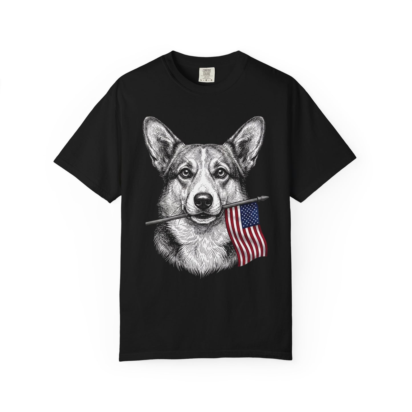 Red, White & Corgi American Flag T-Shirt in Black from When Dogs Fly
