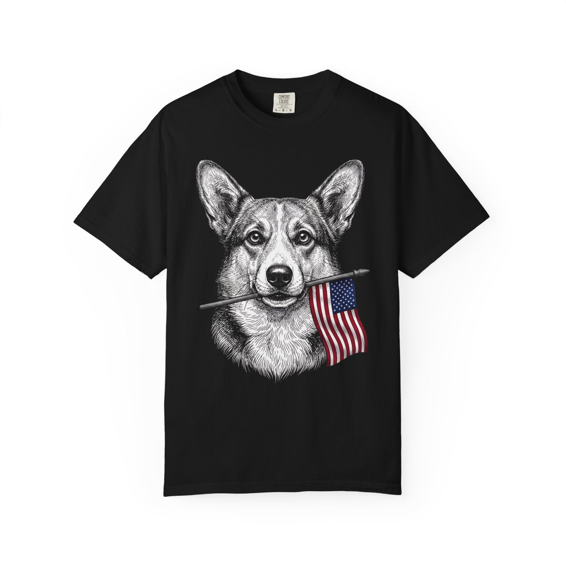 Red, White & Corgi American Flag T-Shirt in Black from When Dogs Fly