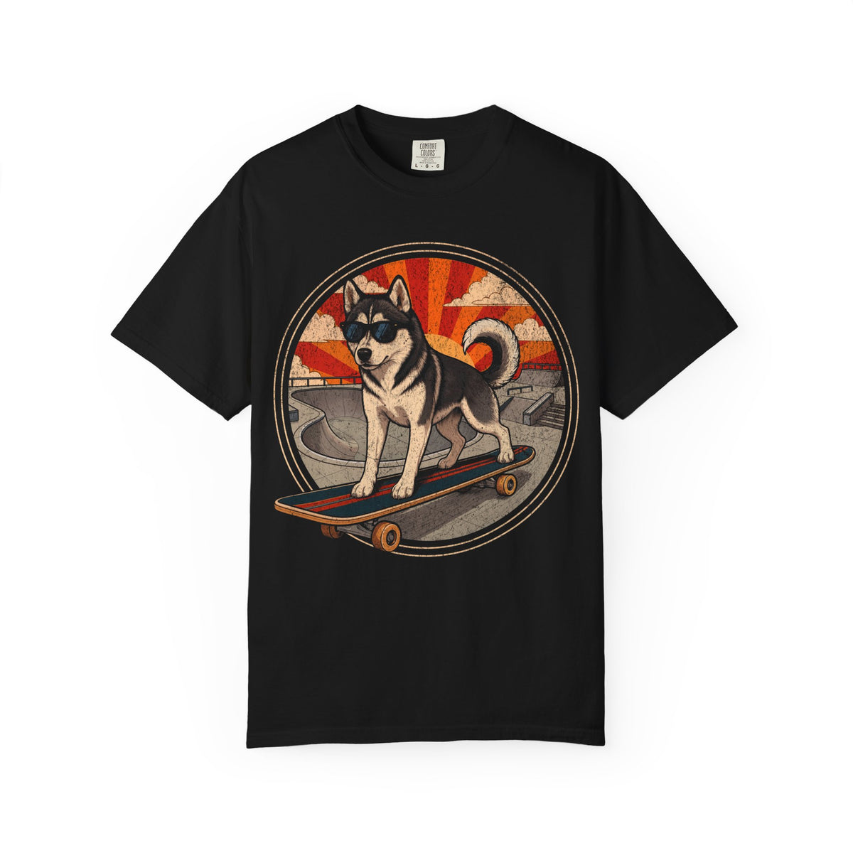 Stay Rad Skateboarding Siberian Husky T-Shirt in Black from When Dogs Fly