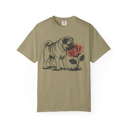 A Nose for Roses Pug T-Shirt in Khaki from When Dogs Fly