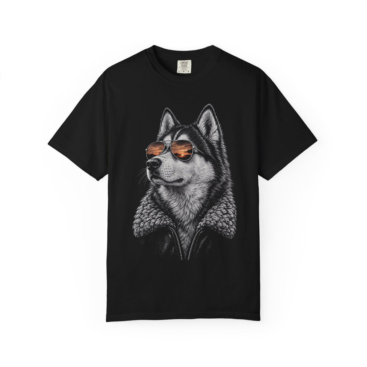 Sunset Aviator Siberian Husky T-Shirt in Black from When Dogs Fly