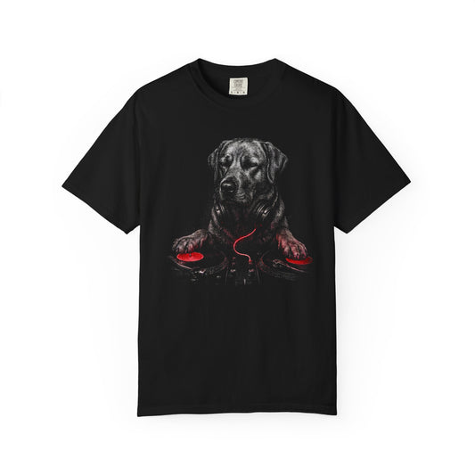 Spin, Sit, Stay Red Mix Labrador Retriever T-Shirt in Black from When Dogs Fly