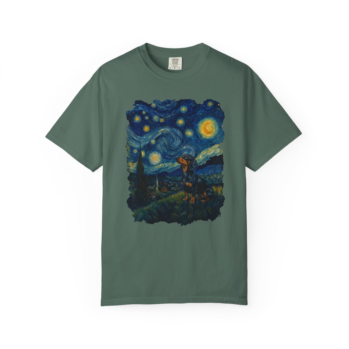 Starry Night Dachshund T-Shirt in Blue Spruce from When Dogs Fly
