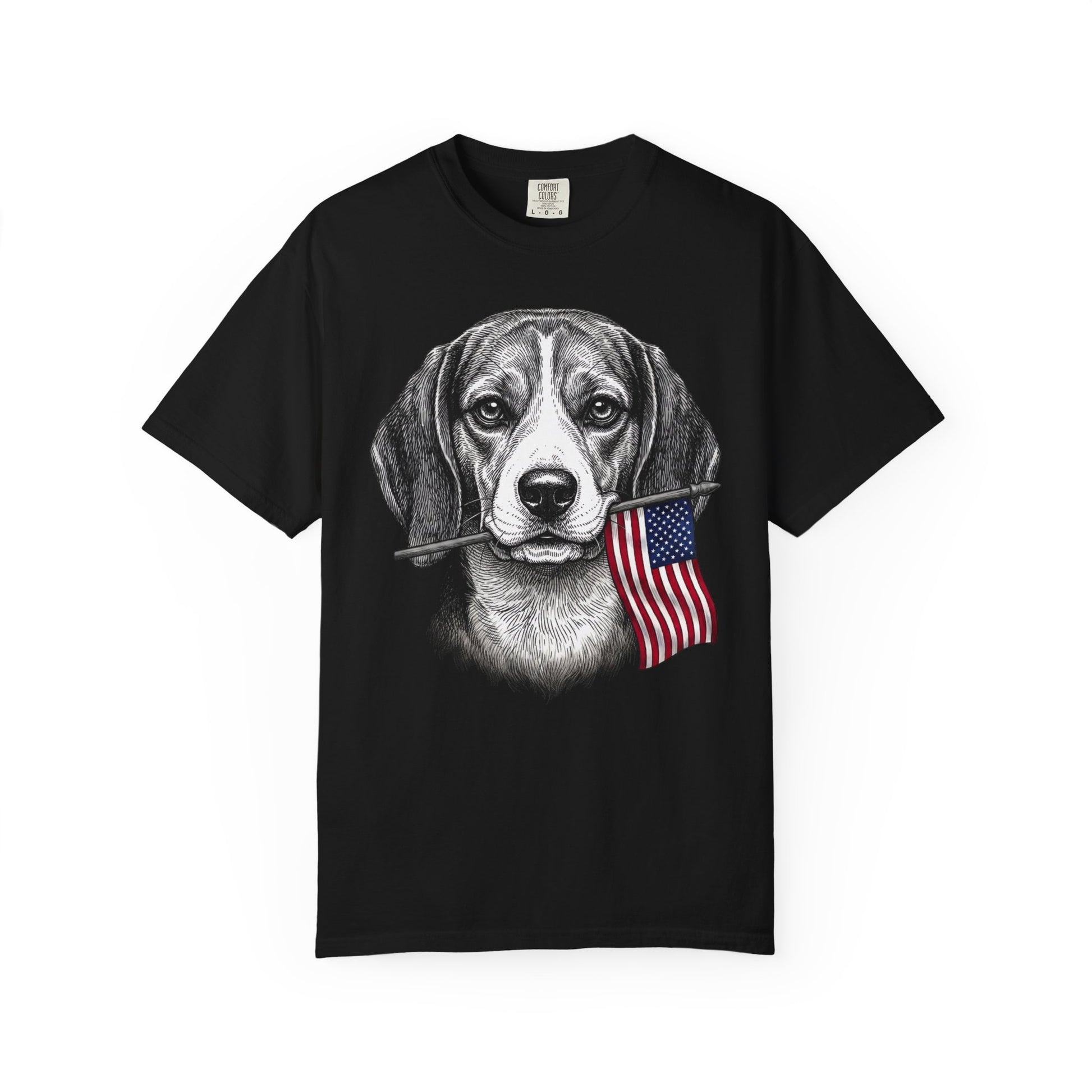 Red, White & Beagle American Flag T-Shirt in Black from When Dogs Fly