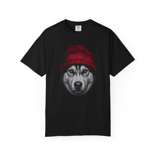 Red Beanie Siberian Husky T-Shirt in Black from When Dogs Fly