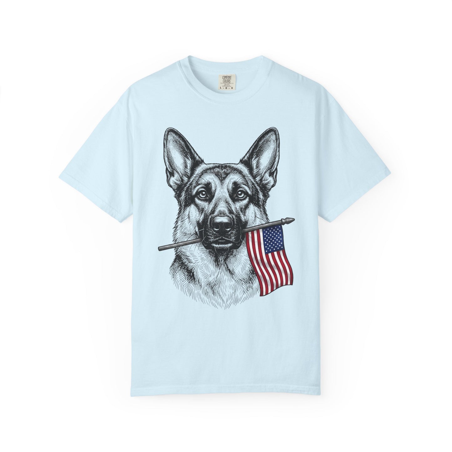 Red, White & German Shepherd American Flag T-Shirt in Chambray from When Dogs Fly