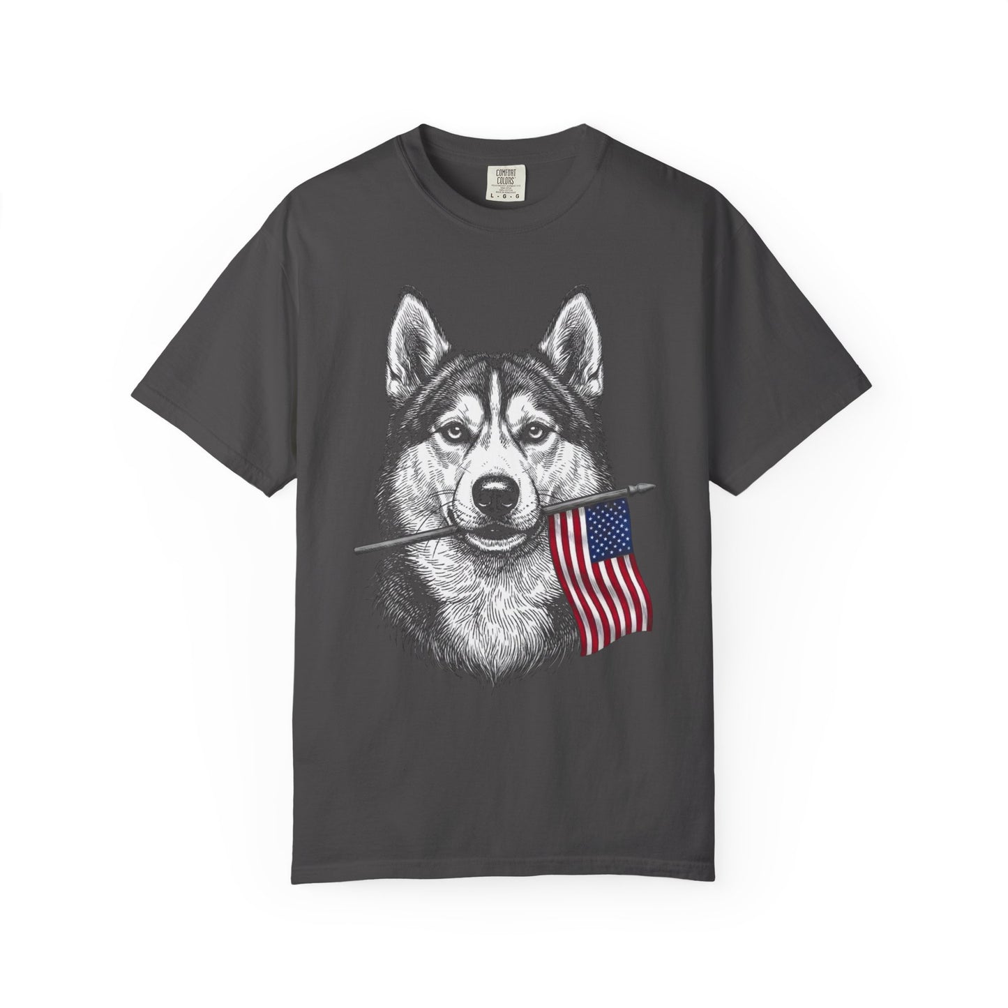 Red, White & Siberian Husky American Flag T-Shirt in Graphite from When Dogs Fly