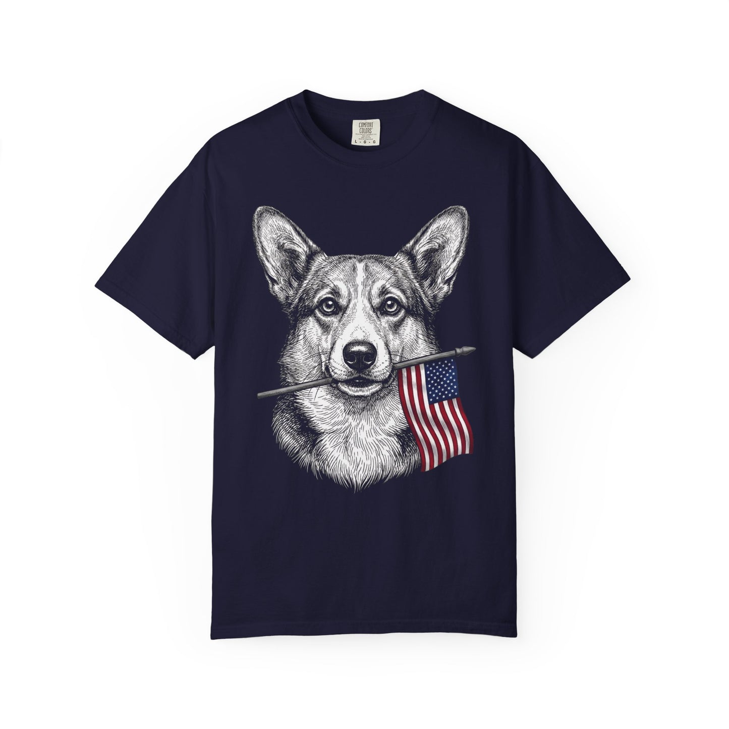 Red, White & Corgi American Flag T-Shirt in True Navy from When Dogs Fly