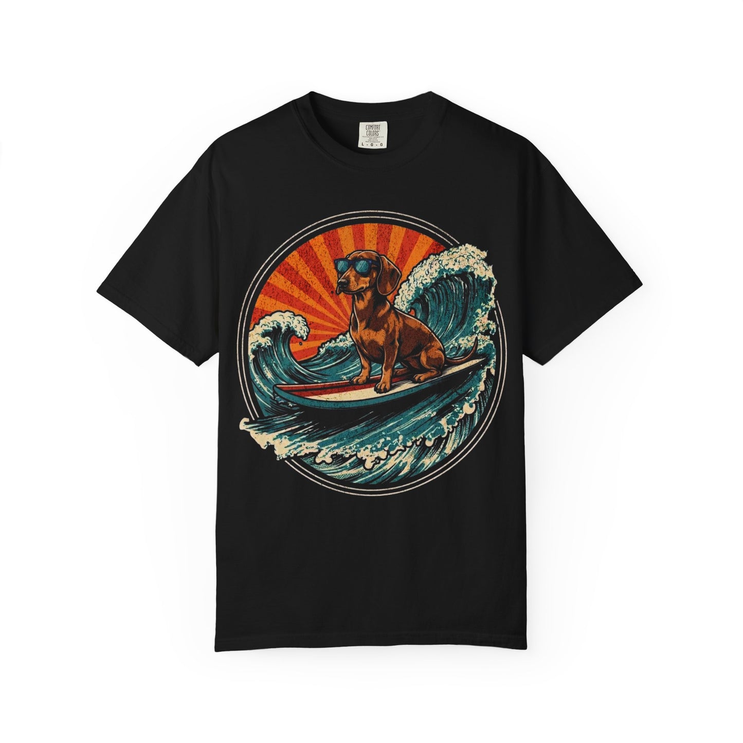 Surf's Up, Dachshund T-Shirt in Black from When Dogs Fly