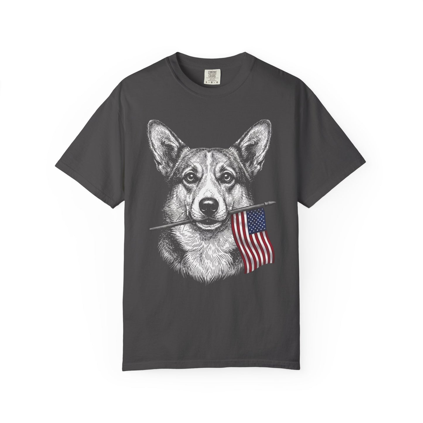 Red, White & Corgi American Flag T-Shirt in Graphite from When Dogs Fly