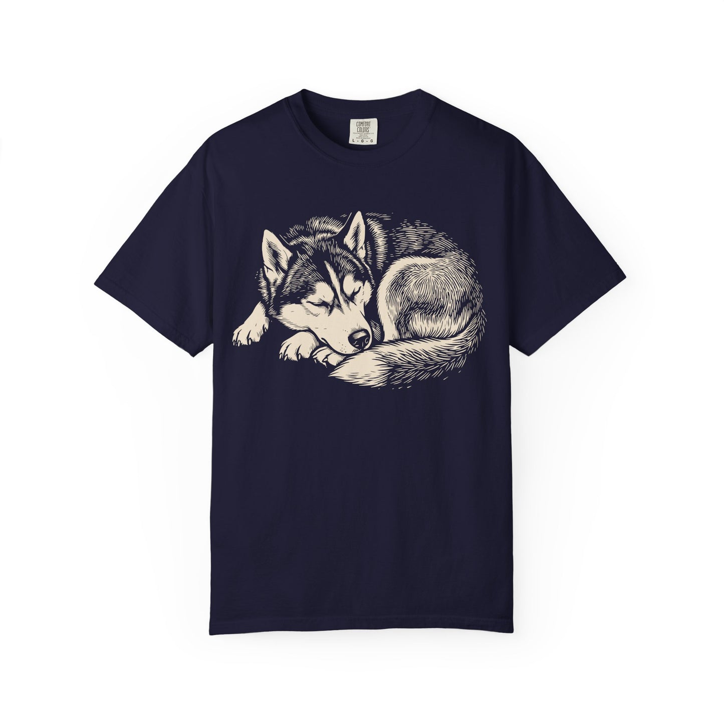 Cozy Nap Time Siberian Husky T-Shirt in True Navy from When Dogs Fly