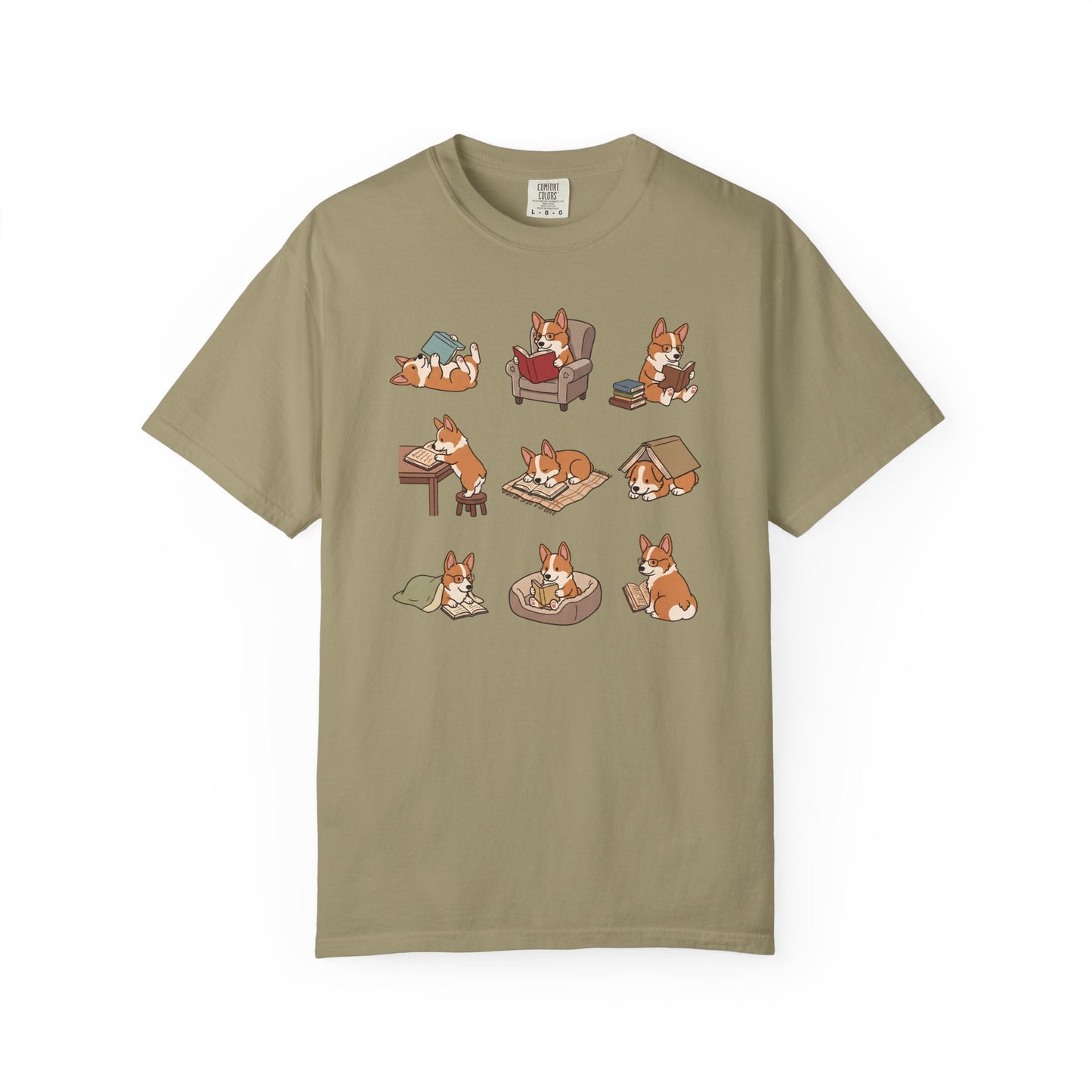 Corgi Book Club T-Shirt in Khaki from When Dogs Fly