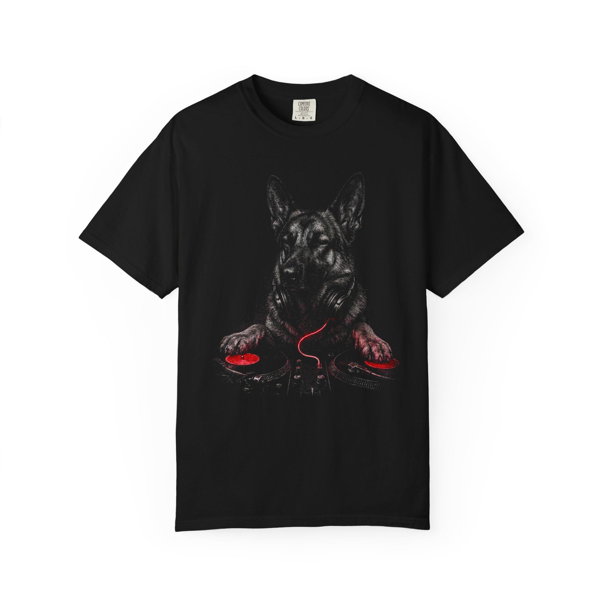 Spin, Sit, Stay Red Mix German Shepherd T-Shirt in Black from When Dogs Fly