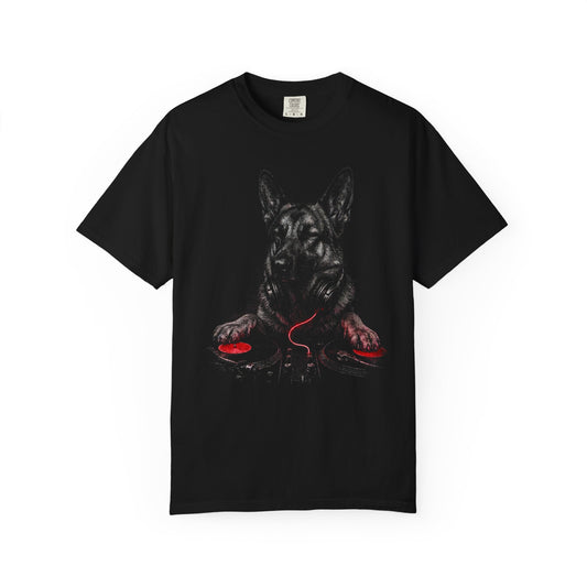 Spin, Sit, Stay Red Mix German Shepherd T-Shirt in Black from When Dogs Fly